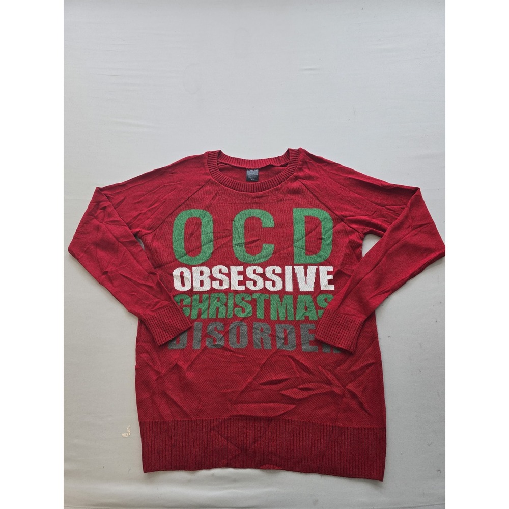 Vintage OCD Obsessive Christmas Disorder Red Holiday Sweater XS Funny Graphic